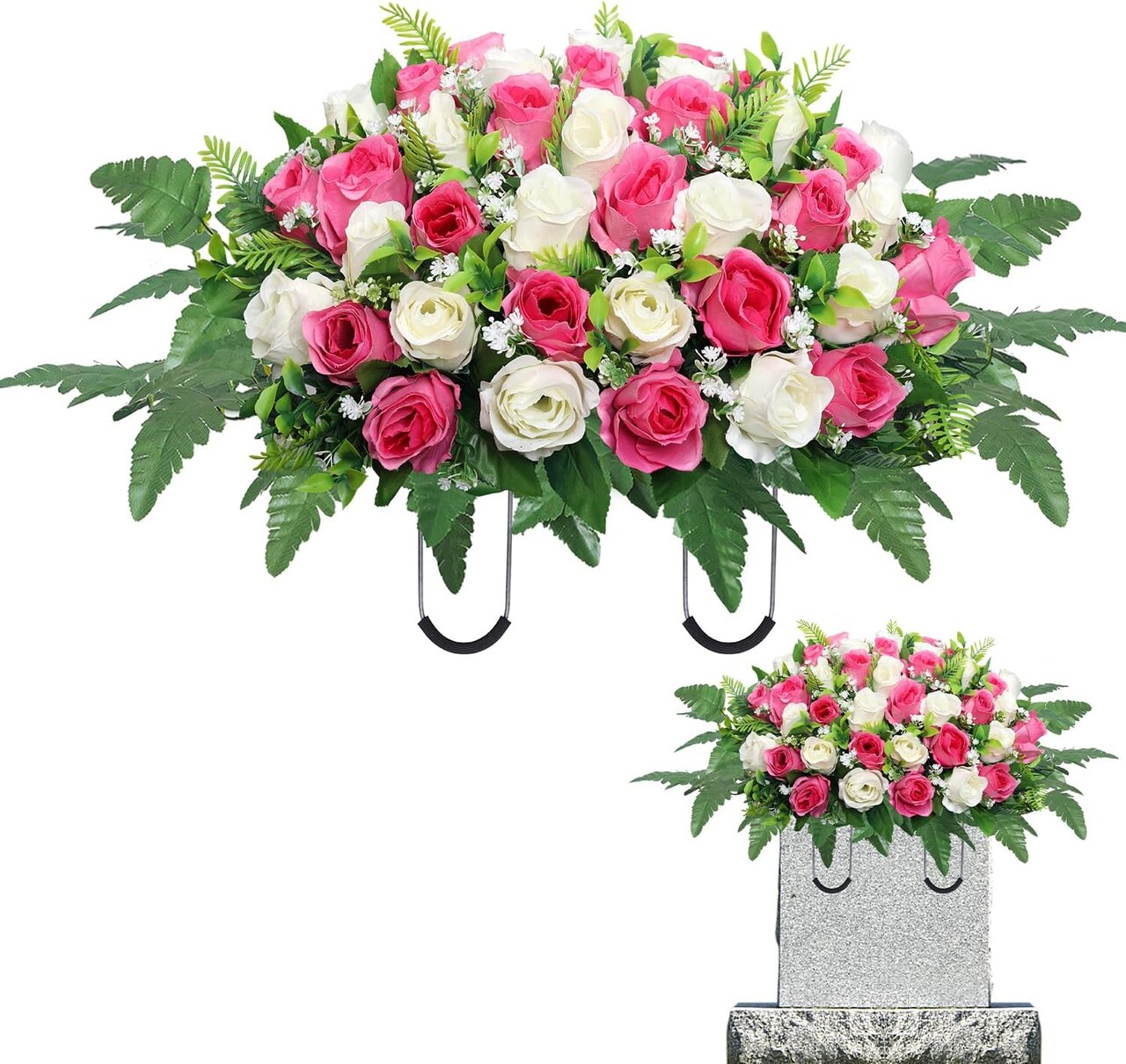 Artificial Cemetery Flowers Saddle – Pink & White Silk Rose Headstone Bouquet, Outdoor Grave Decoration, UV-Resistant Memorial Arrangement
